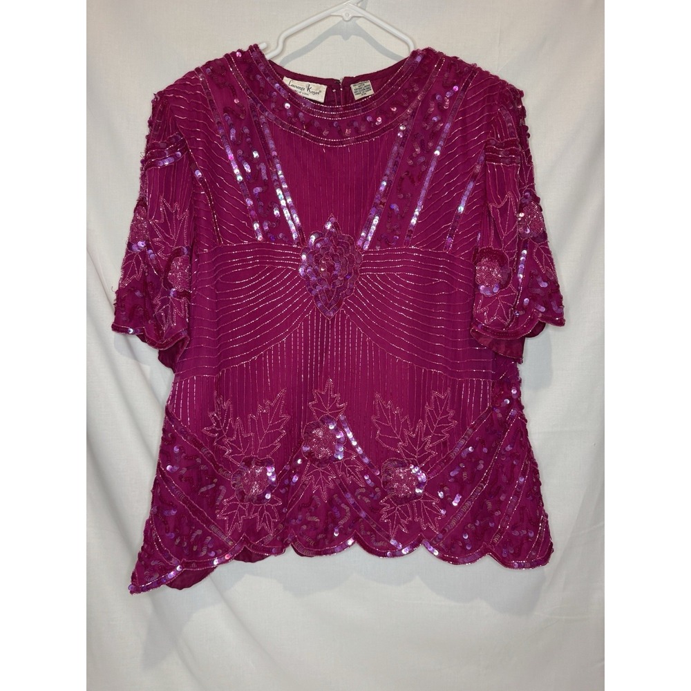 Vintage Laurence Kazar 2X Pink Silk Beaded Sequin Blouse Evening Party Top